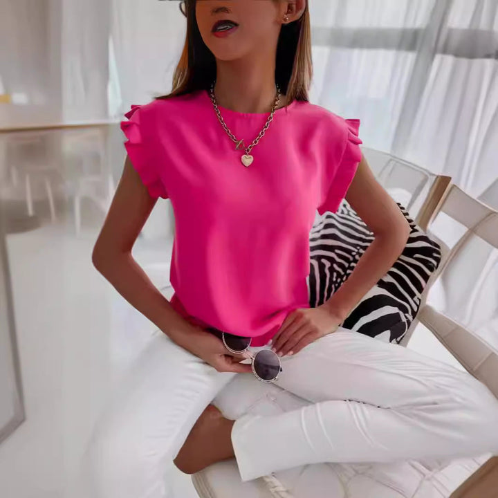 CALORA_ Dames Blouse met Relaxed Fit Rimpel Mouwen en Ronde Hals