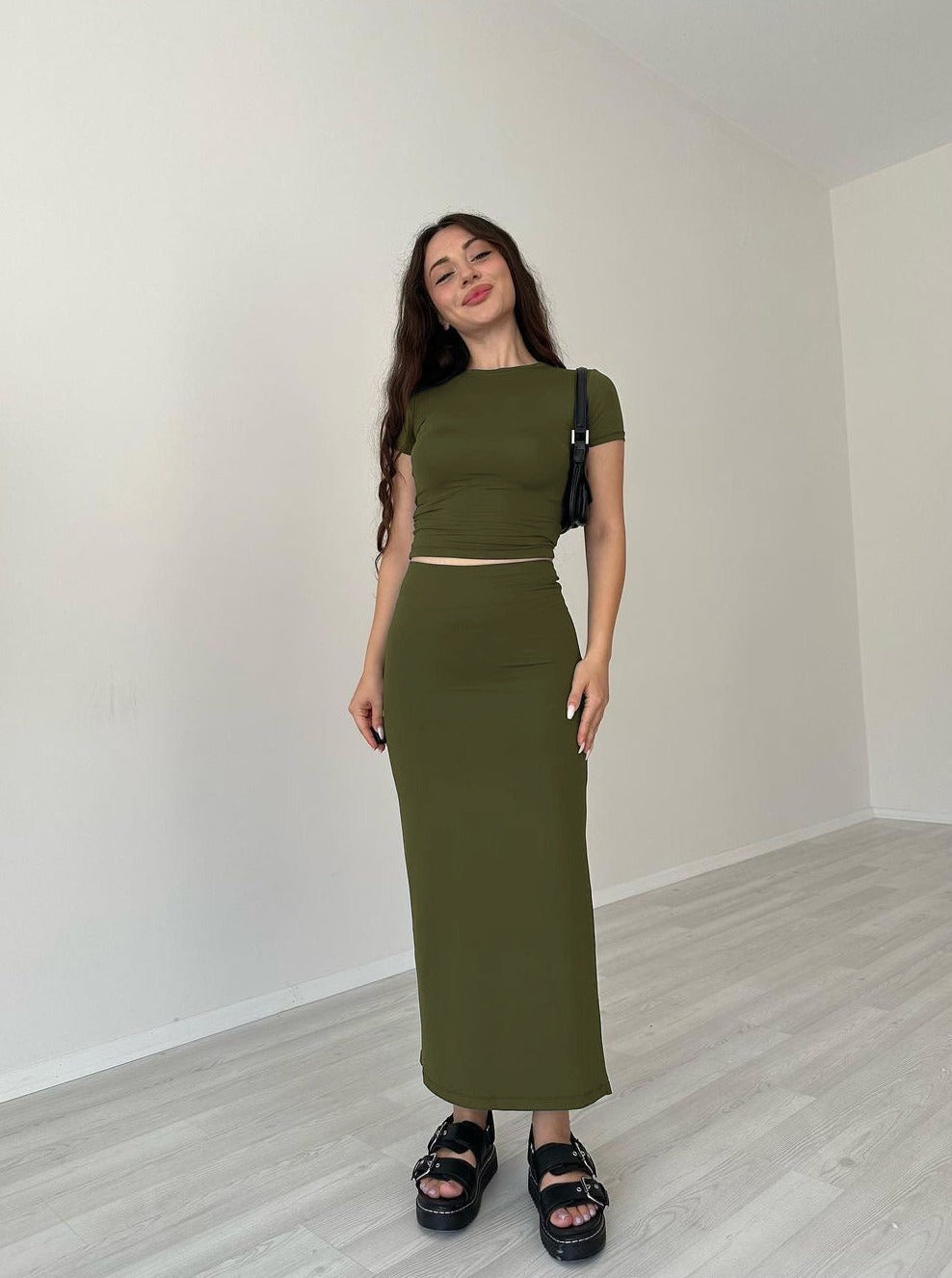 Casual groene ronde hals crop top en rok set