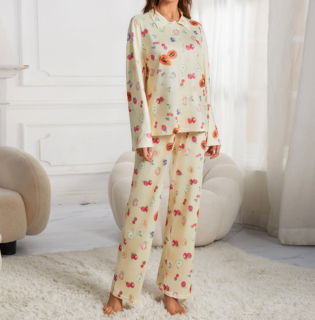 Fruitprint Lange Mouw Shirt Wijde Pijp Pyjama Set