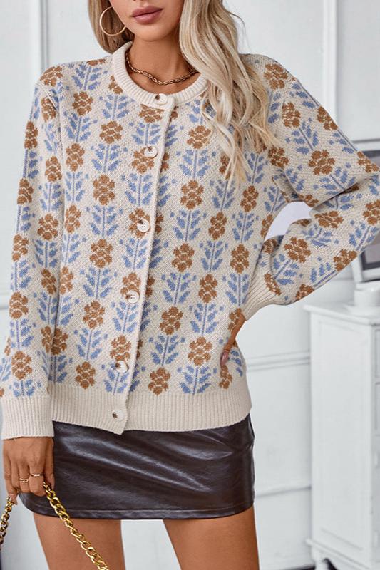 Bloemenpatroon Lange Mouwen Gehaakte Sweater Vest met Knopen