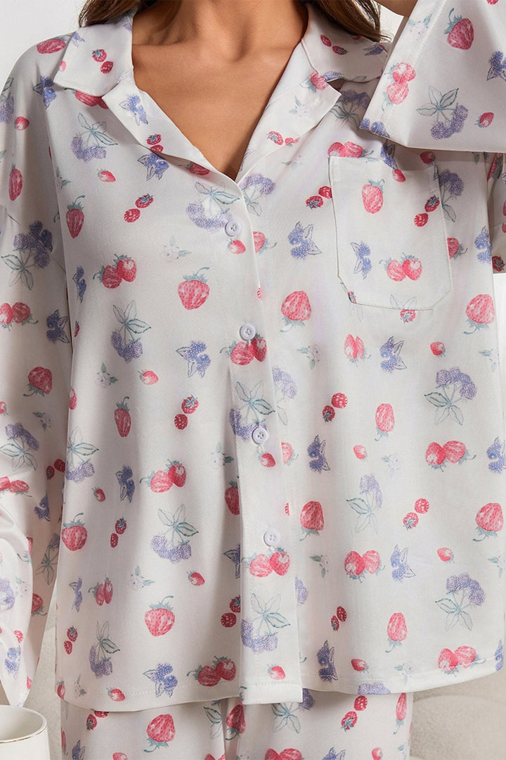 Fruitprint Lange Mouw Shirt Wijde Pijp Pyjama Set