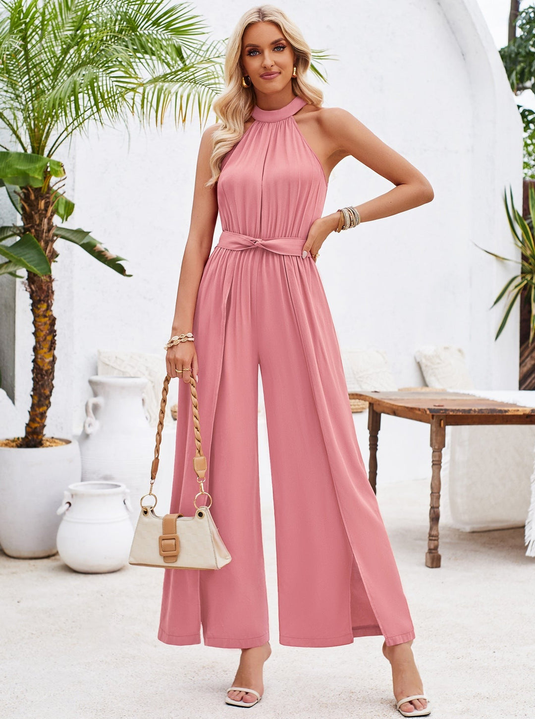 Mouwloze Halter Jumpsuit met Strik Taille