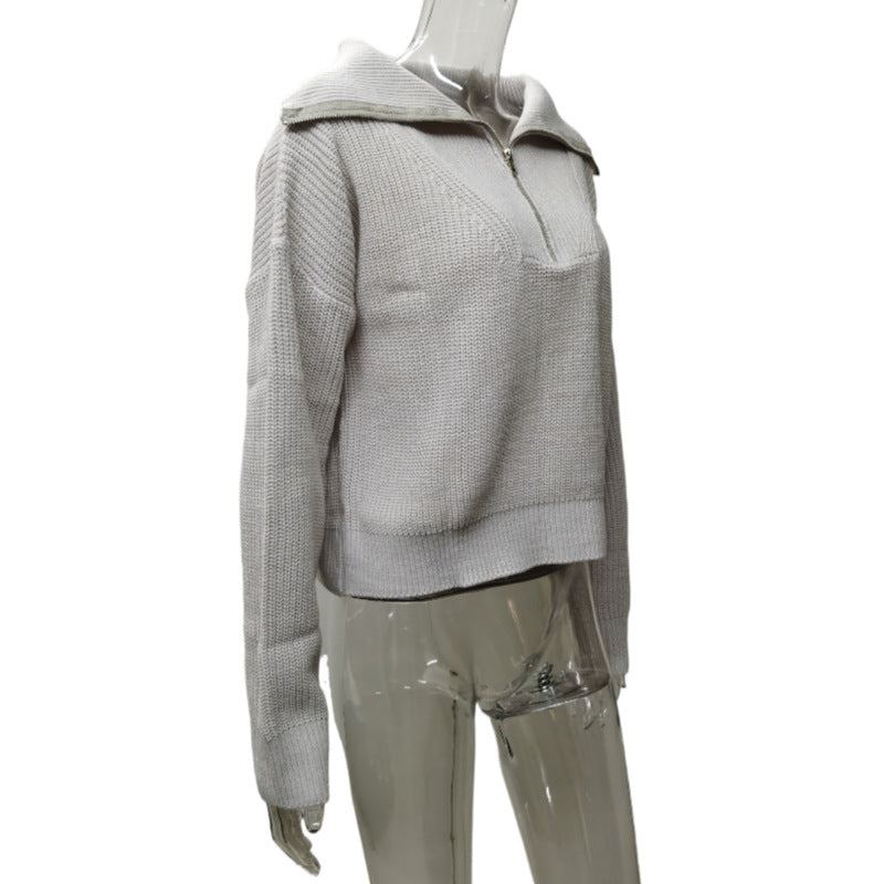 CALORA_ Retro V-hals Trui met Lange Mouwen voor Dames - Los Ontwerp met Revers en Rits