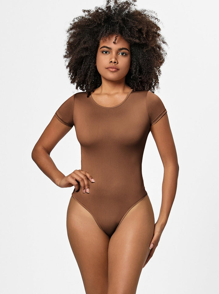 Bruine Effen Bodysuit met Ronde Hals en Korte Mouwen