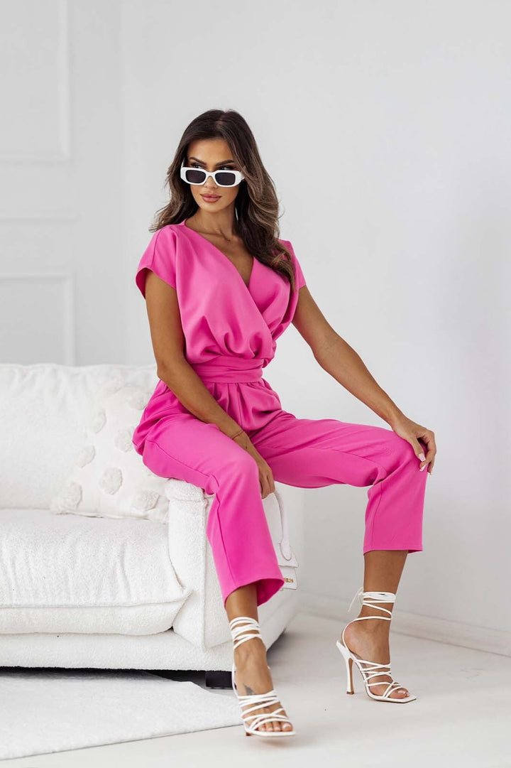 Effen Kleur V-Hals Korte Mouw Jumpsuit voor Vakantie