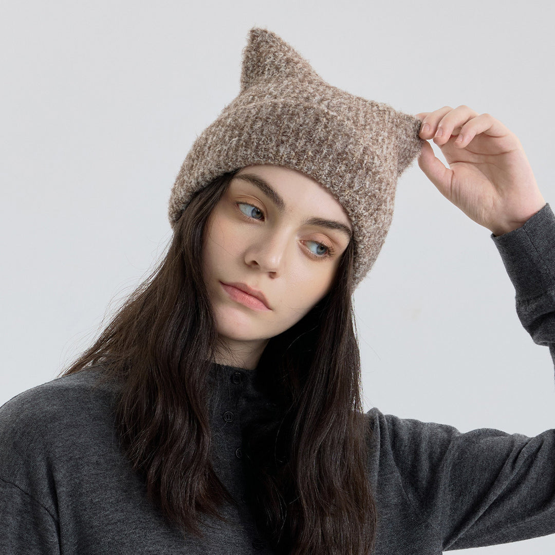 Schattige Gebreide Wol Beanie Hoed met Kattenoren voor Dames