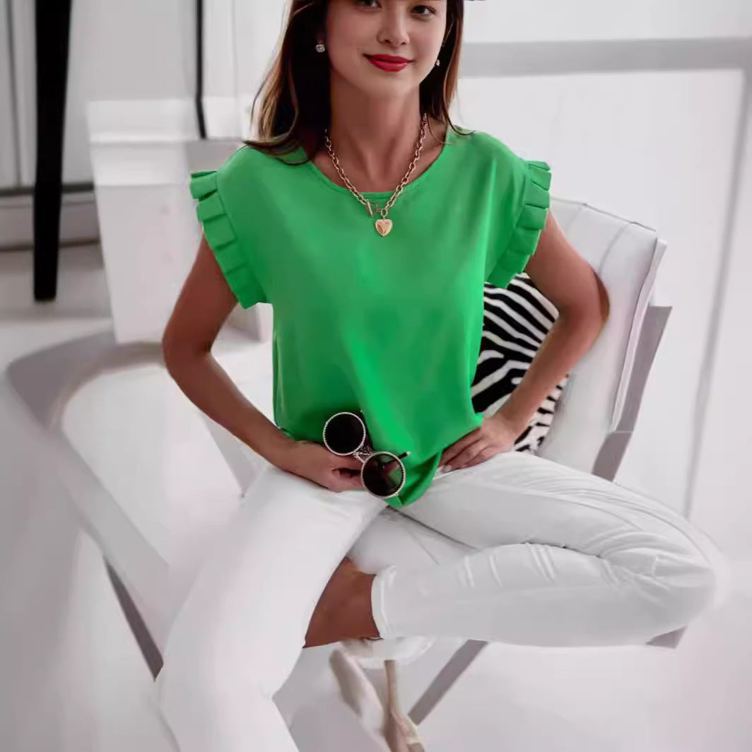 CALORA_ Dames Blouse met Relaxed Fit Rimpel Mouwen en Ronde Hals
