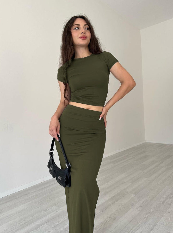 Casual groene ronde hals crop top en rok set