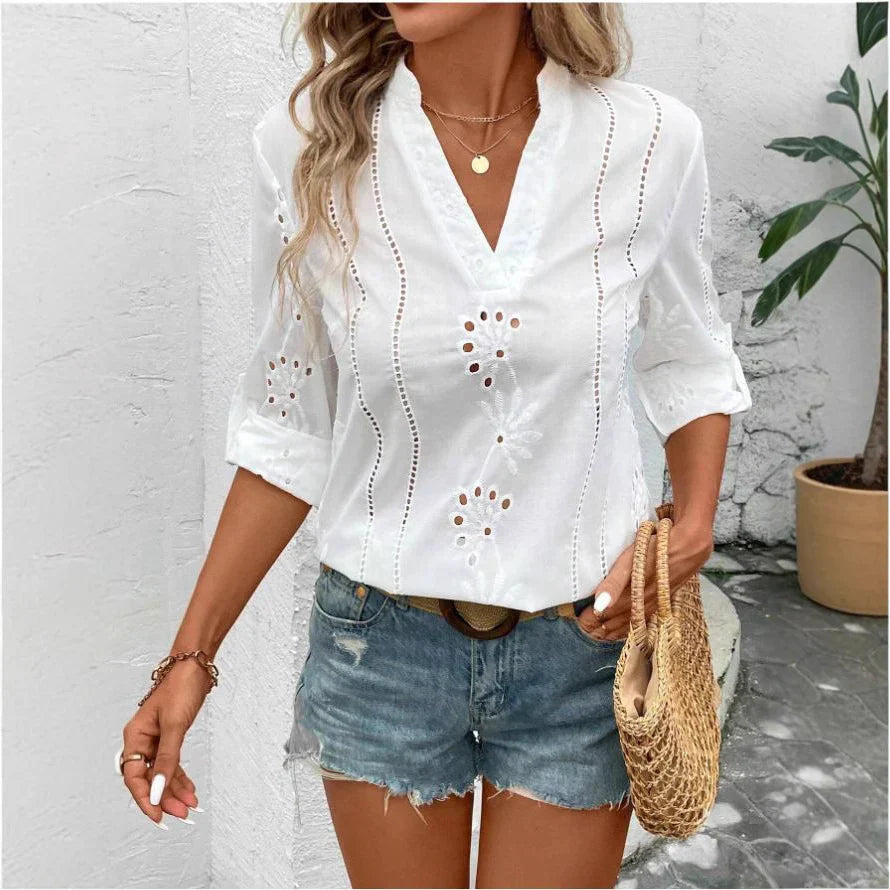 CALORA_ Dames Blouse met Relaxed Fit en Kanten Rand V-Hals Driekwart Mouw