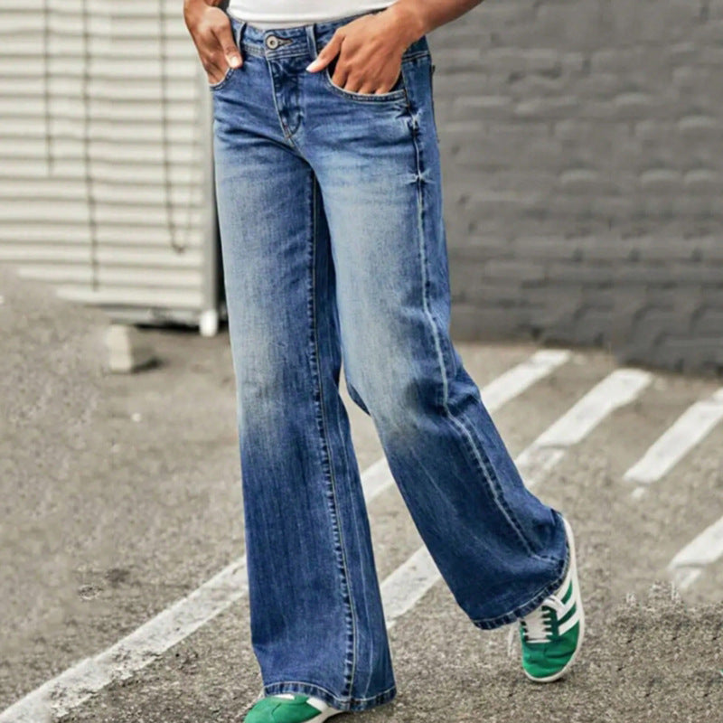CALORA_ Dames Jeans Met Wijd Pijpen En Geborduurde Zijkanten Denim