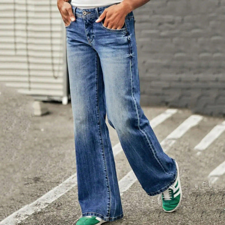 CALORA_ Dames Jeans Met Wijd Pijpen En Geborduurde Zijkanten Denim