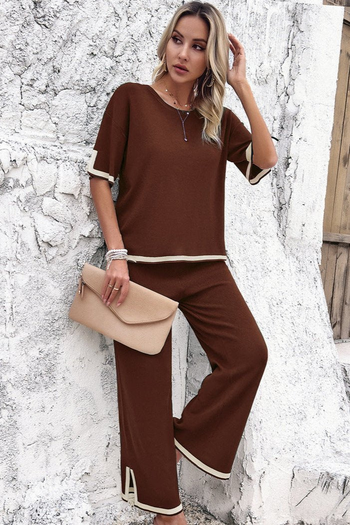 Chic Casual Korte Mouw Gebreide Top en Broek Set