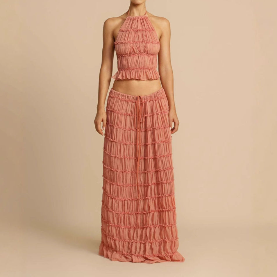 CALORA_ Tweedelig Dames Set met Rimpel Halter Crop Top en Maxi Rok