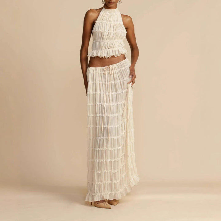 CALORA_ Tweedelig Dames Set met Rimpel Halter Crop Top en Maxi Rok