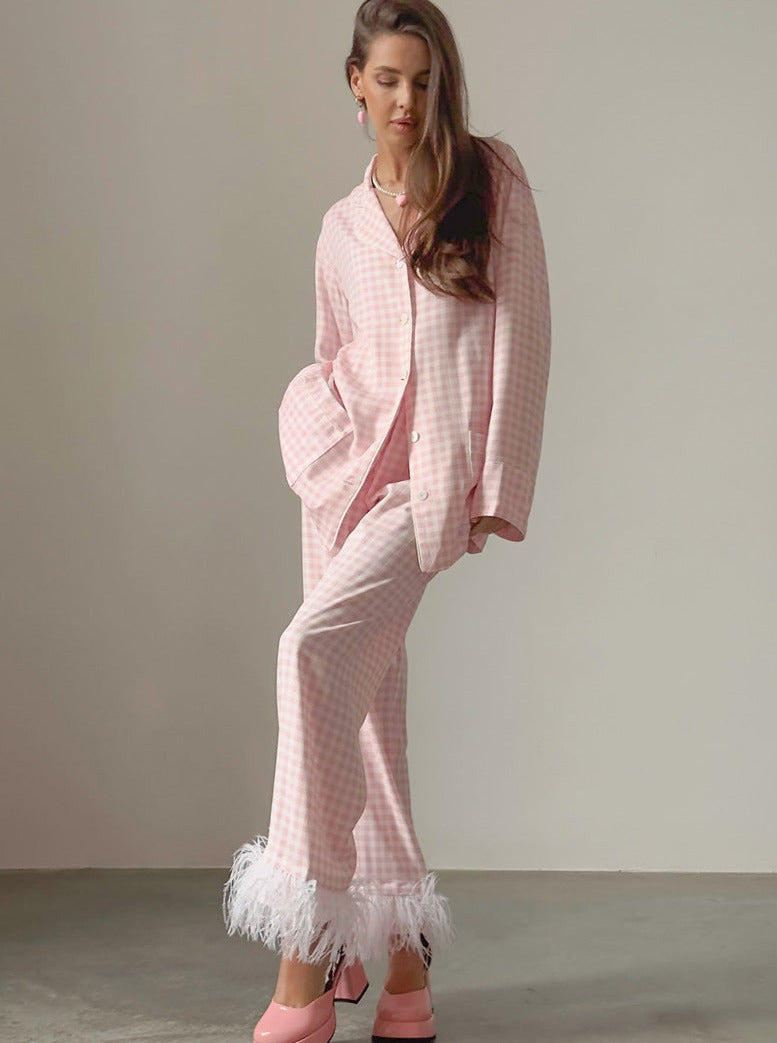 Roze geruite loungewear lange mouw nachtkleding tweedelig