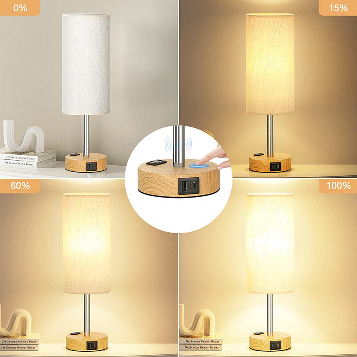 CALORA_ Houten Tafel Nachtlamp met 3-Dimmen Touchfunctie en Linnen Kap