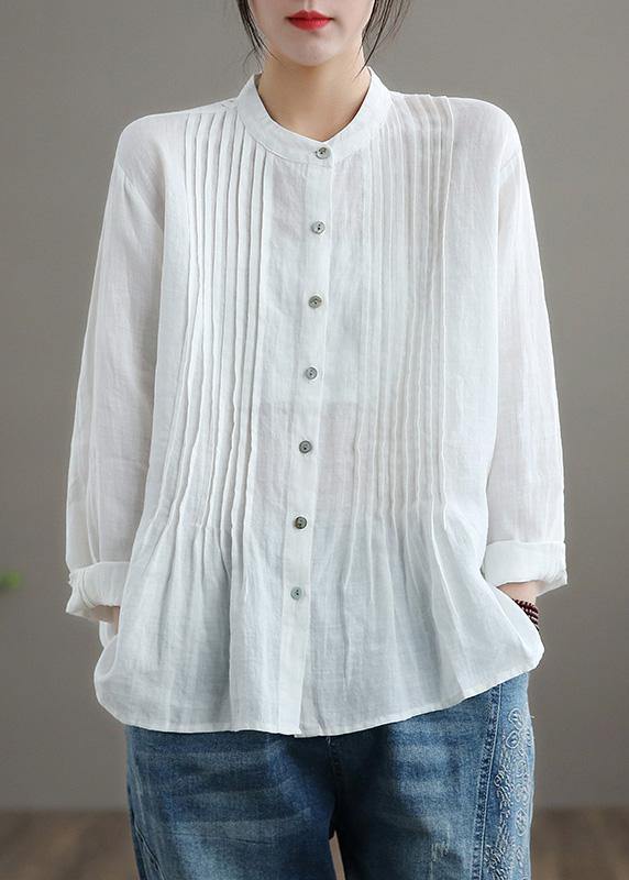 Organic Stand Collar Cinched Spring Linen Shirt Tunics White Cotton Blouse - SooLinen