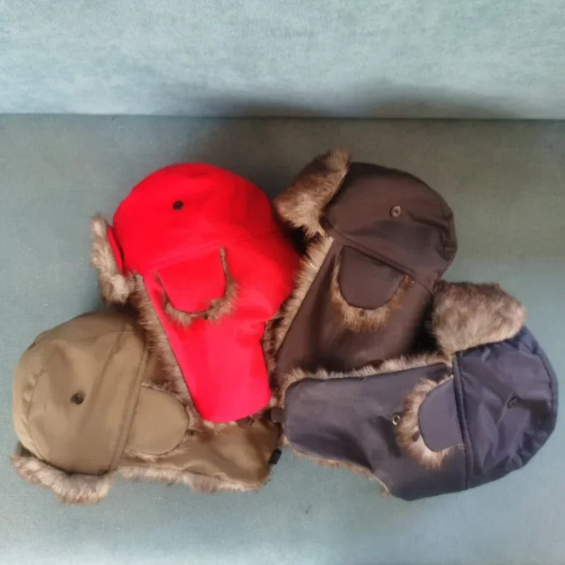 CALORA_ Men's Women's Winter Soviet Lei Feng Hats Outdoor Russian Ushanka Bomber Hat Thicken Windproof Fur Earflap Cap