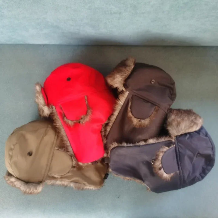 CALORA_ Men's Women's Winter Soviet Lei Feng Hats Outdoor Russian Ushanka Bomber Hat Thicken Windproof Fur Earflap Cap