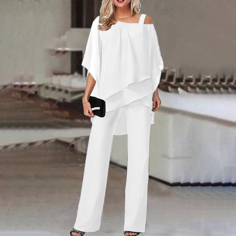 CALORA_ Elegante Dames Twee-delige Set met Koude Schouders en Vloeiende Stof