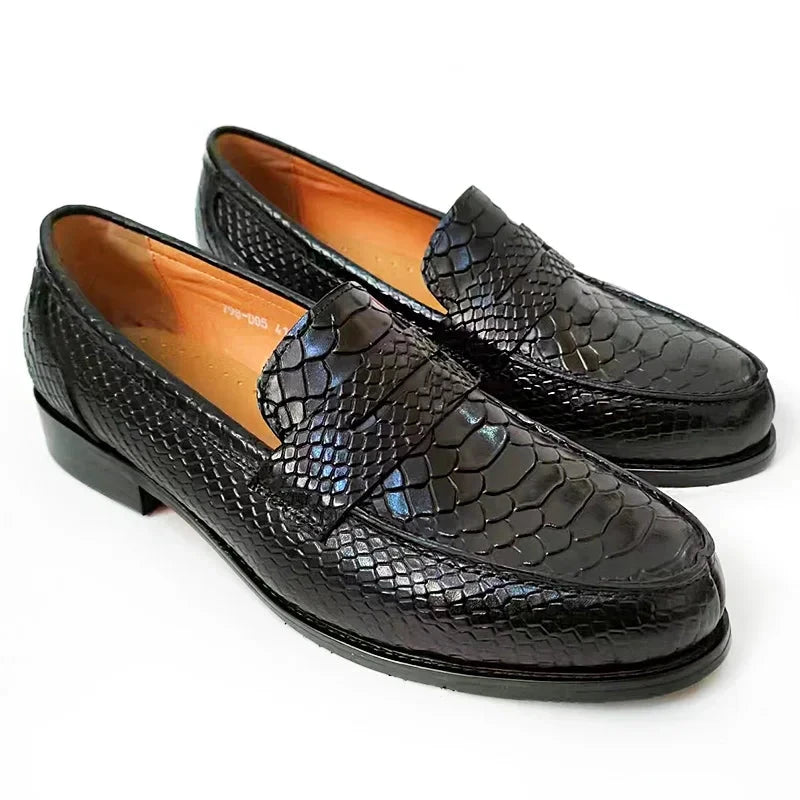 Marcello | Luxe Zwarte leren Loafers met Slangenprint