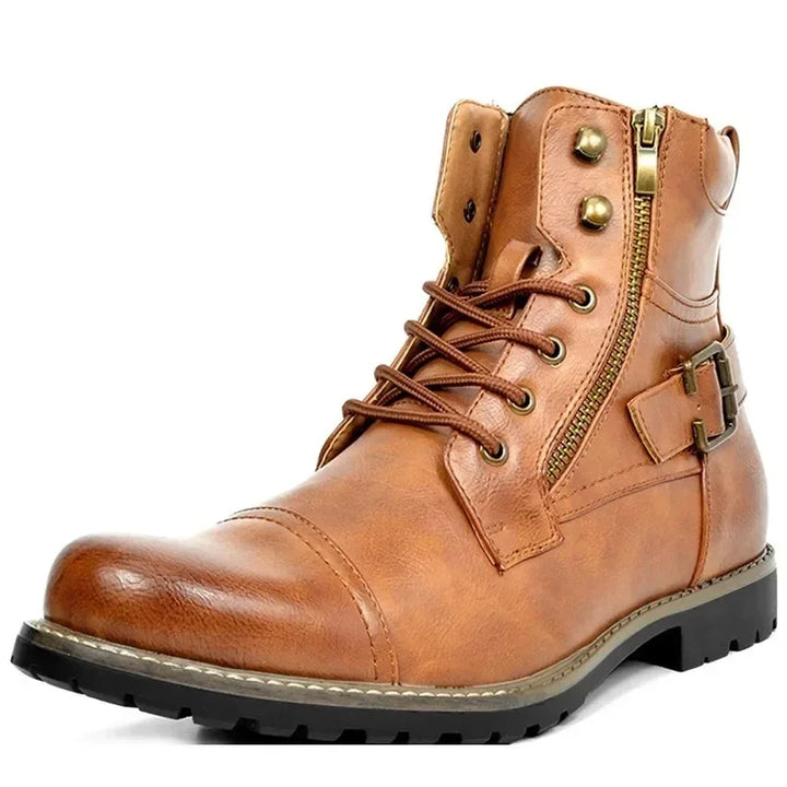 Moderne Leren Hoge Heren Boots met Rits en Decoratieve Gesp