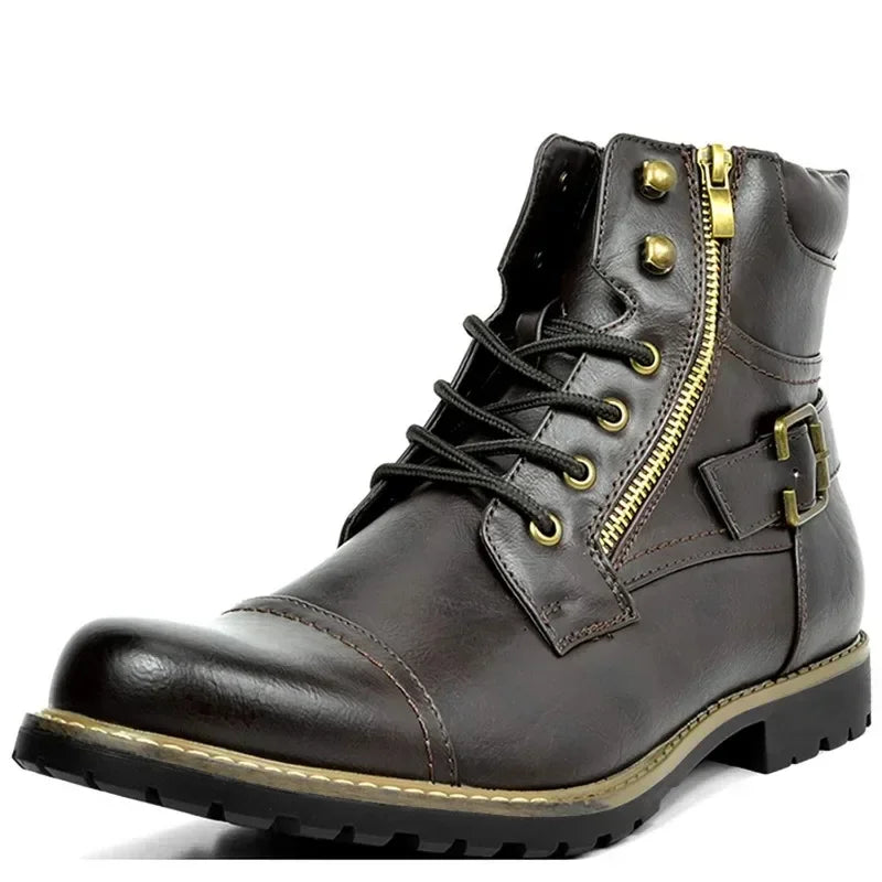 Moderne Leren Hoge Heren Boots met Rits en Decoratieve Gesp