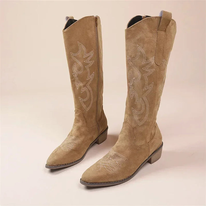 CALORA_ Dames Cowboy Laarzen van Suede met Borduursel en Blokhak