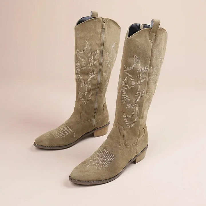 CALORA_ Dames Cowboy Laarzen van Suede met Borduursel en Blokhak