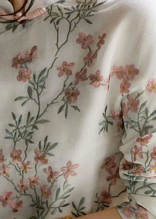 Unieke beige Linnen Blouse met bloemenprint