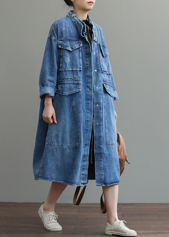 Blauwe Losse herfst Denim Trenchcoat met Lange mouwen