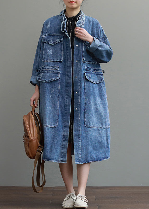 Blauwe Losse herfst Denim Trenchcoat met Lange mouwen