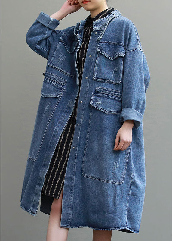 Blauwe Losse herfst Denim Trenchcoat met Lange mouwen