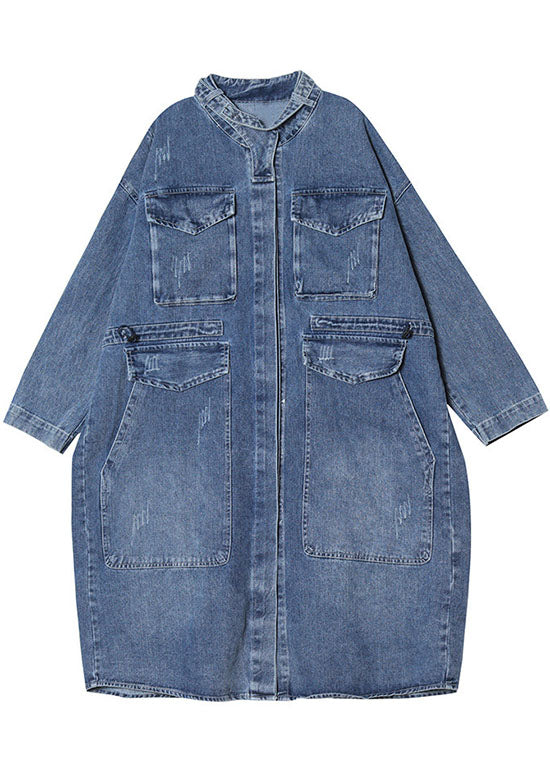 Blauwe Losse herfst Denim Trenchcoat met Lange mouwen