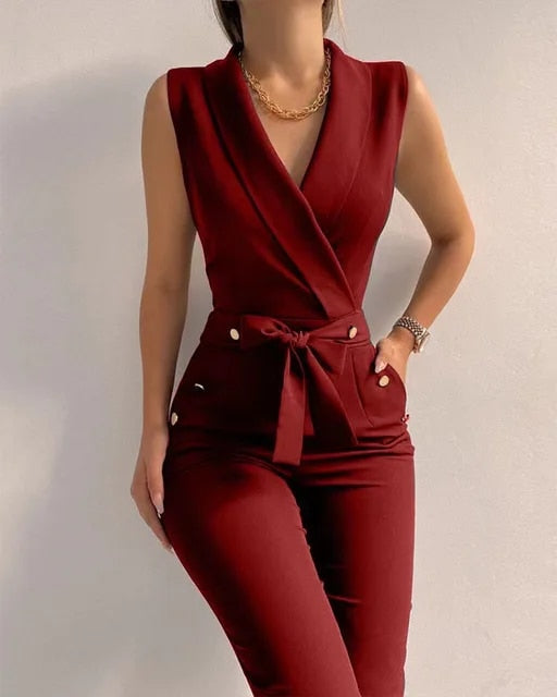 Chique Mouwloze Jumpsuit met V-hals en Vetersluiting