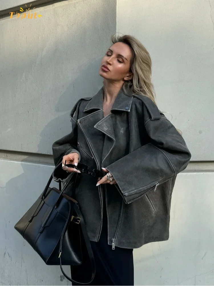 CALORA_ Vrouwen Grijze Losse Suede Jas Met Ritszakken Casual Mantel