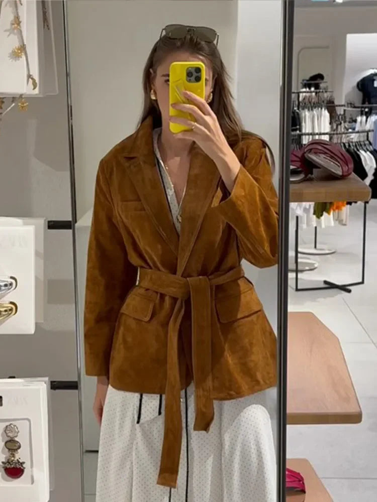 CALORA_ Dames Suède Jas Met Ceintuur En Zakken Met Revers Herfst