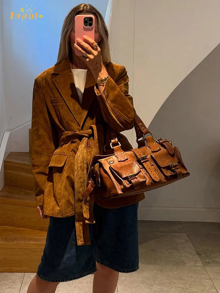 CALORA_ Dames Suède Jas Met Ceintuur En Zakken Met Revers Herfst