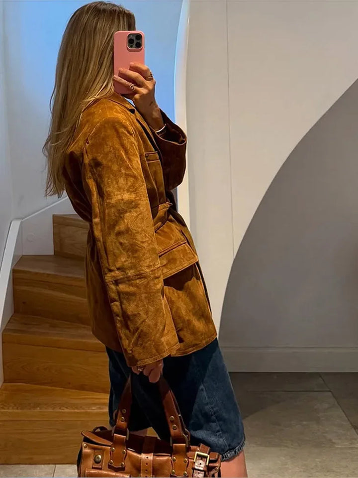 CALORA_ Dames Suède Jas Met Ceintuur En Zakken Met Revers Herfst