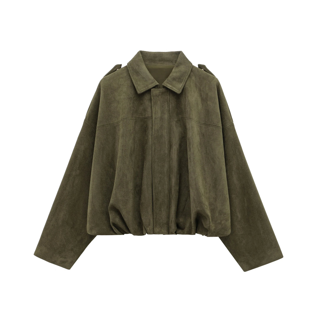 CALORA_ Dames Suede Bomber Jas Bruin Groen Met Rits Motorjas