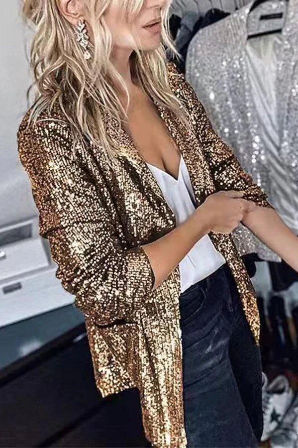 CALORA_ Chique Vrouwen Sequined Blazer met Lange Mouwen en Revers