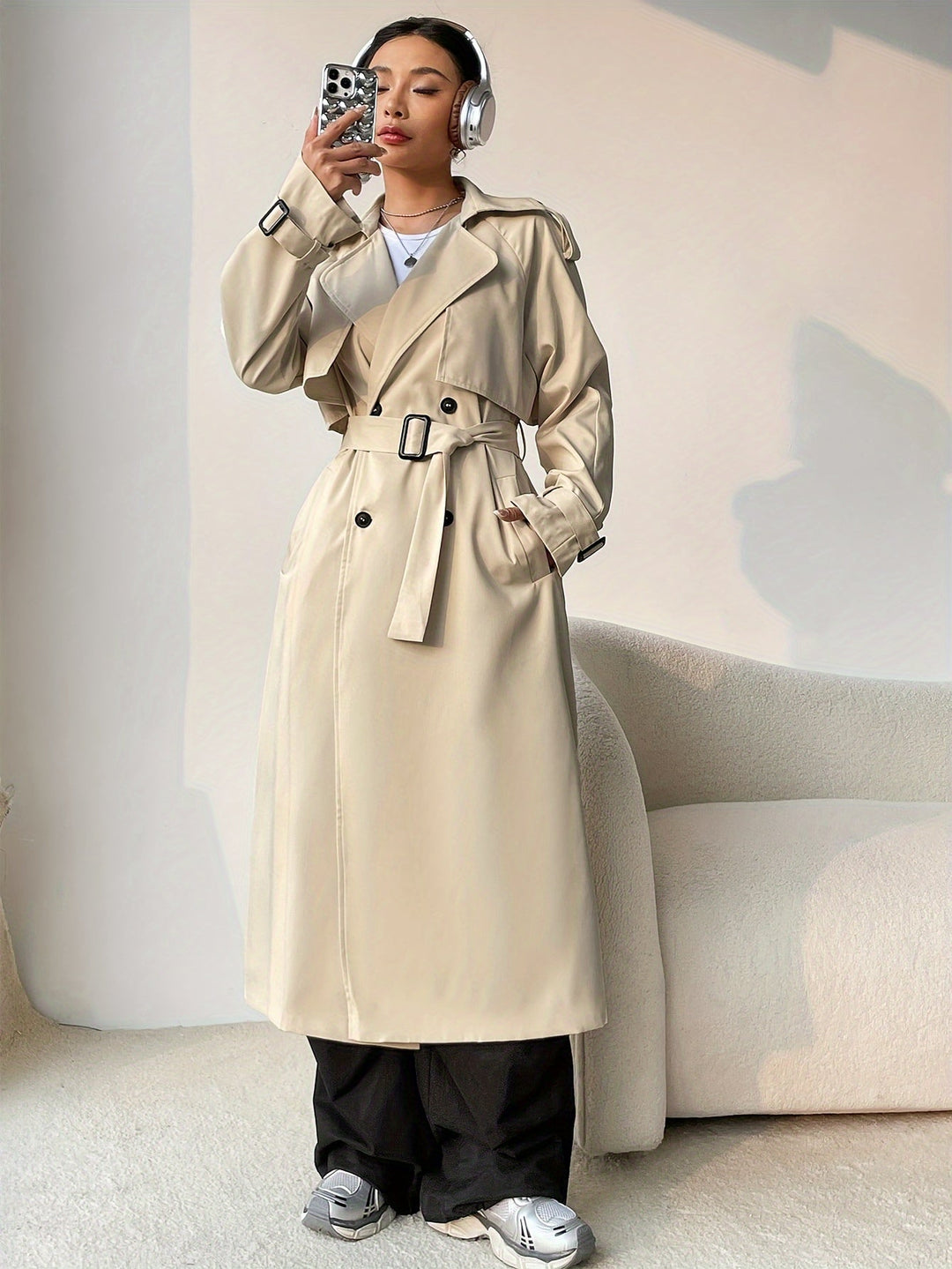 Luxe Dames herfst trenchcoat met dubbele rij knopen