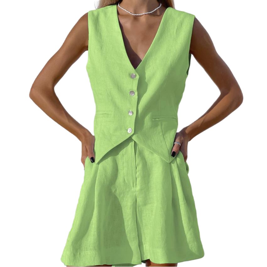 Abella | Mouwloze Linnen tweedelige Set - Linnen zomer Set dames - Groen - #Calora#