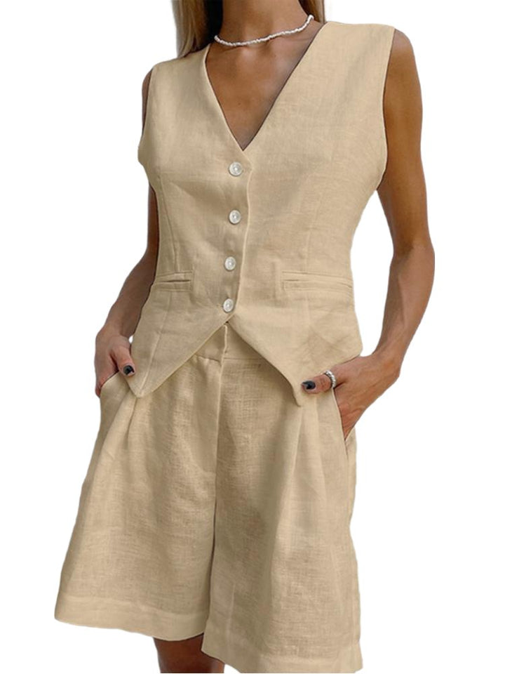 Abella | Mouwloze Linnen tweedelige Set - Linnen zomer Set dames - Khaki - #Calora#