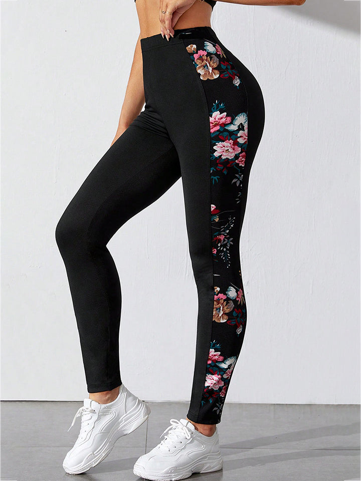 Skinny Bloemenprint broek met brede tailleband