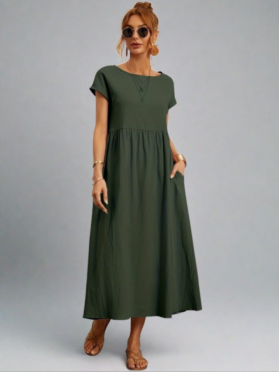 Amiro | Elegante Jurk met ronde hals - Dress - Leger groen - #Calora#