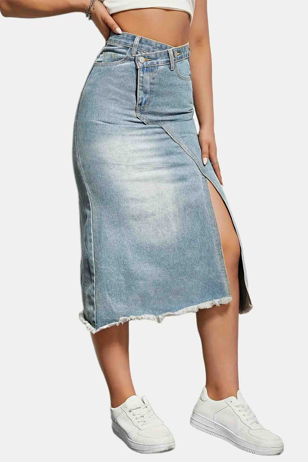 Yina | Denim midi-Rok met split aan de voorkant