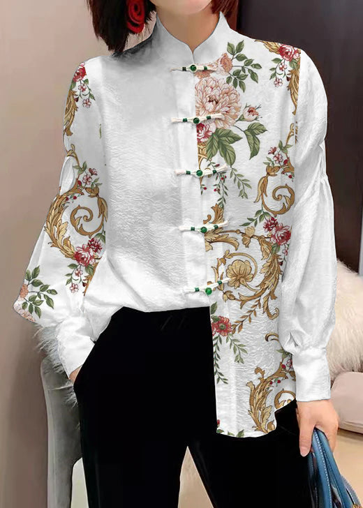 Chinese stijl witte opstaande kraag knop jacquard zijden blouse tops lantaarn mouw