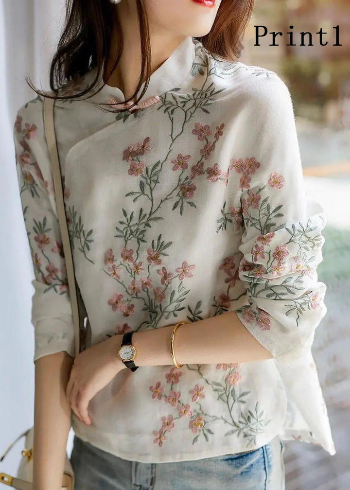 Unieke beige Linnen Blouse met bloemenprint