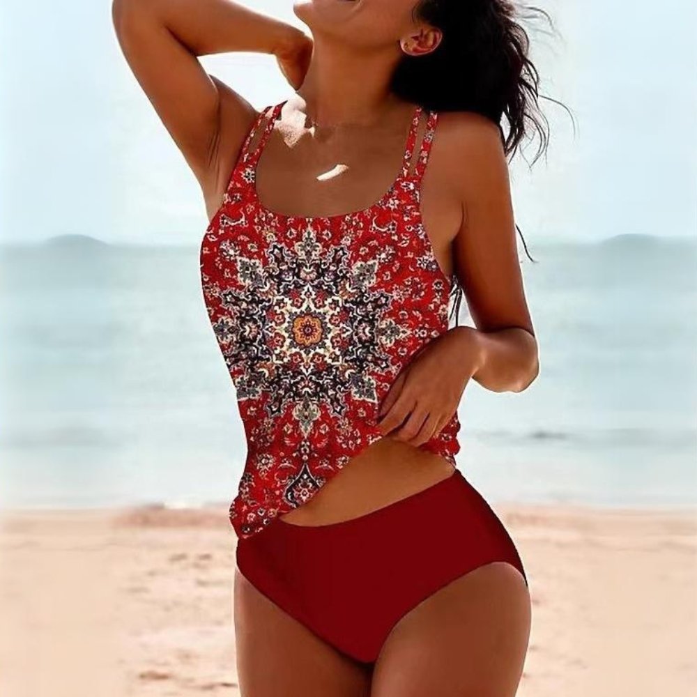 Celis | Uniek Tankini Badpak - tankini set patroon - Rood - #Calora#